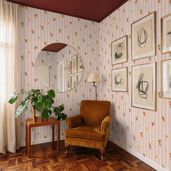 Tapety Pomarańczowy owoc na różowo-kremowych paskach, Tapety Geometryczne, Tapety w paski, a01263v4 : Uwalls.pl