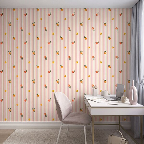 Tapety Pomarańczowy owoc na różowo-kremowych paskach, Tapety Geometryczne, Tapety w paski, a01263v4 : Uwalls.pl