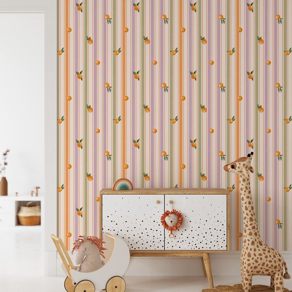 Tapety Pomarańczowy owoc na tle wielobarwnych pasków, Tapety Geometryczne, Tapety w paski, a01263v2 : Uwalls.pl