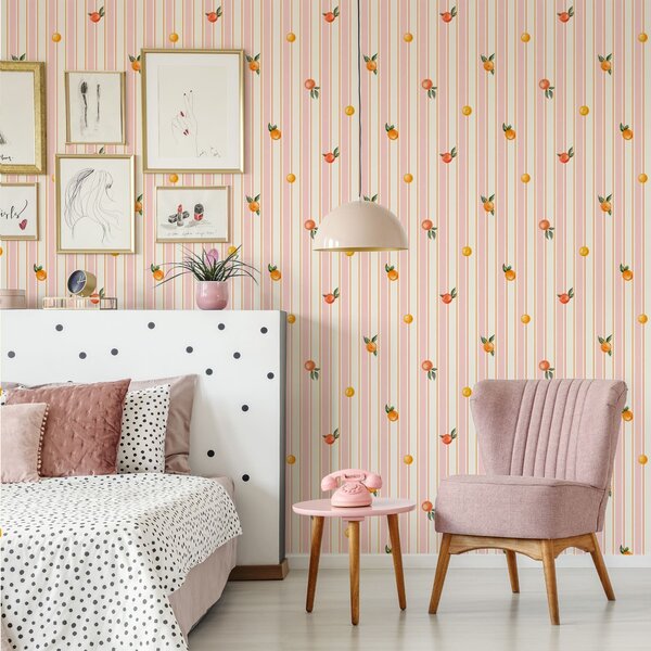 Tapety Pomarańczowy owoc na różowo-kremowych paskach, Tapety Geometryczne, Tapety w paski, a01263v4 : Uwalls.pl