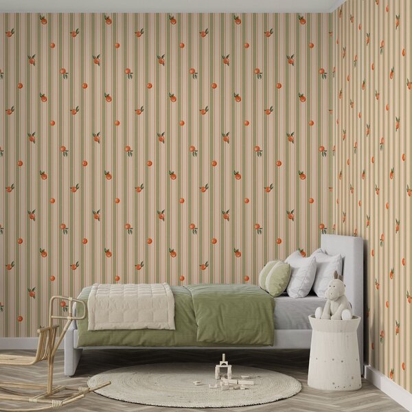 Tapety Pomarańczowe owoce na tle oliwkowych i kremowych pasków, Tapety Geometryczne, Tapety w paski, a01263v3 : Uwalls.pl