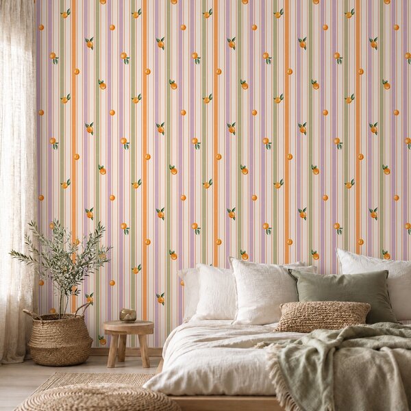 Tapety Pomarańczowy owoc na tle wielobarwnych pasków, Tapety Geometryczne, Tapety w paski, a01263v2 : Uwalls.pl