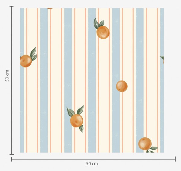 Tapety Pomarańczowe owoce na tle jasnoniebieskich i kremowych pasków, Tapety Geometryczne, Tapety w paski, a01263v1 : Uwalls.pl