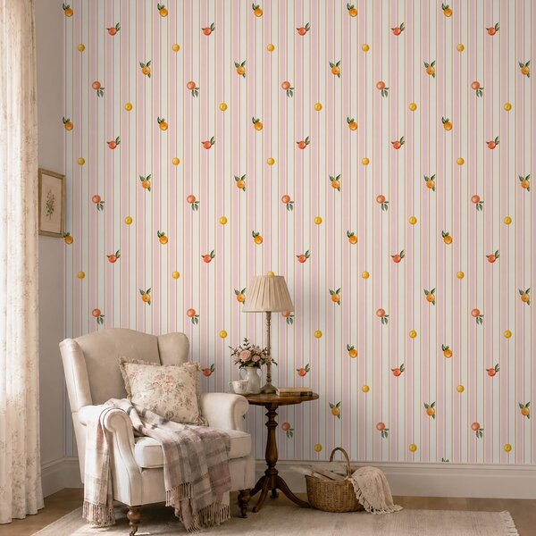Tapety Pomarańczowy owoc na różowo-kremowych paskach, Tapety Geometryczne, Tapety w paski, a01263v4 : Uwalls.pl