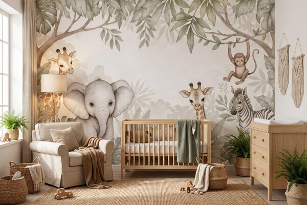 Fototapety Urocze zwierzęta z safari wśród tropikalnej roślinności, namalowane w stylu akwarelowym, Fototapety Zwierzęta, w09885 : Uwalls.pl