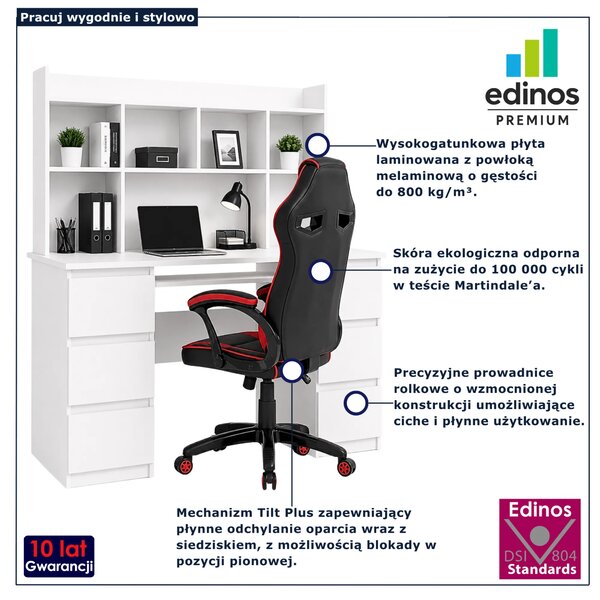 Komplet biurko z nadstawką + czarno-czerwony fotel obrotowy A9-P27