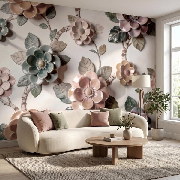 Fototapety Trójwymiarowe kwiaty ceramiczne w delikatnej pastelowej kolorystyce, Fototapety Kwiaty, w09887 : Uwalls.pl
