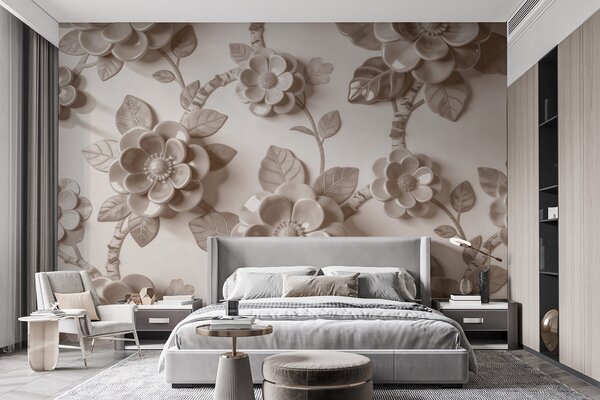 Fototapety Elegancka beżowa kompozycja z trójwymiarowych, rzeźbionych kwiatów, Fototapety Kwiaty, w09887v1 : Uwalls.pl