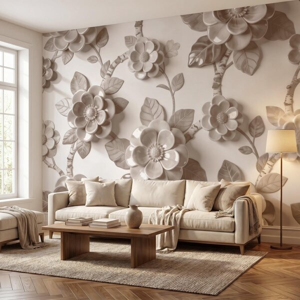 Fototapety Elegancka beżowa kompozycja z trójwymiarowych, rzeźbionych kwiatów, Fototapety Kwiaty, w09887v1 : Uwalls.pl