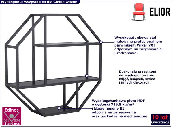 Czarna półka ścienna oktagon S9-B06