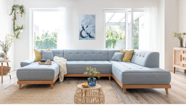 Jasnoniebieska rozkładana sofa w kształcie litery "U" Miuform Dazzling Daisy, prawostronna
