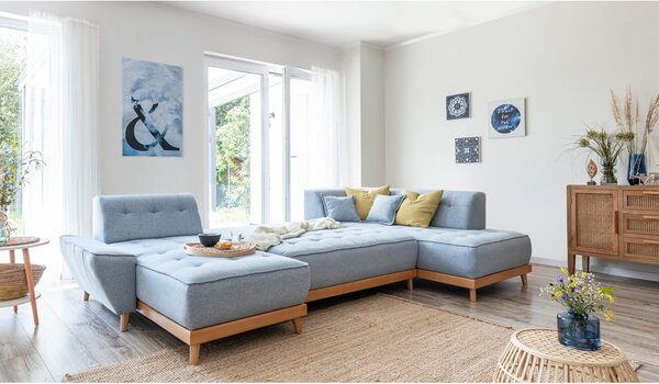 Jasnoniebieska rozkładana sofa w kształcie litery "U" Miuform Dazzling Daisy, prawostronna