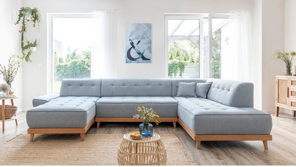 Jasnoniebieska rozkładana sofa w kształcie litery "U" Miuform Dazzling Daisy, prawostronna