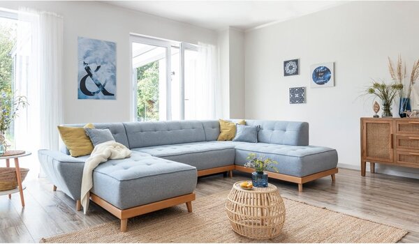 Jasnoniebieska rozkładana sofa w kształcie litery "U" Miuform Dazzling Daisy, prawostronna