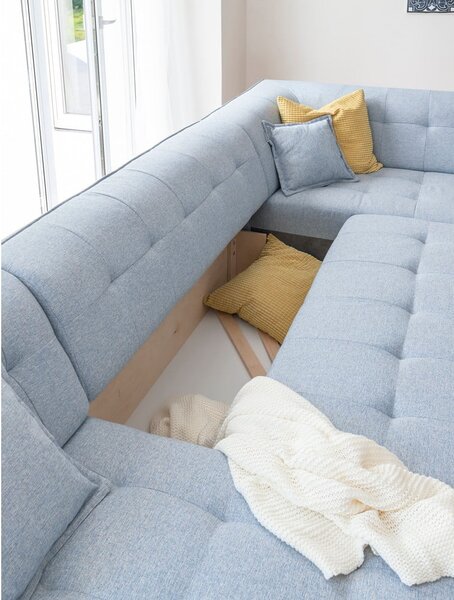 Jasnoniebieska rozkładana sofa w kształcie litery "U" Miuform Dazzling Daisy, prawostronna
