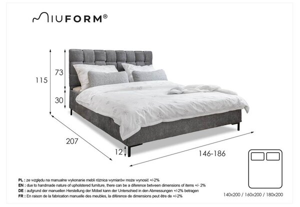 Jasnoszare tapicerowane łóżko dwuosobowe ze stelażem 140x200 cm Eve – Miuform