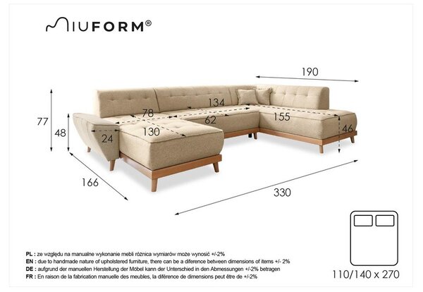 Jasnoniebieska rozkładana sofa w kształcie litery "U" Miuform Dazzling Daisy, prawostronna