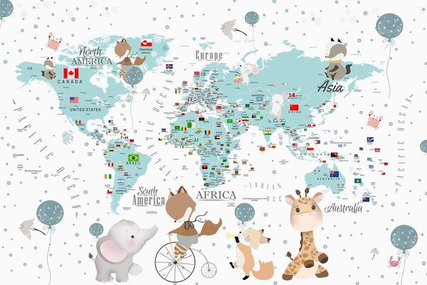 Fototapety Dziecięca mapa świata ze zwierzętami, Fototapety Mapy, Fototapeta Mapa Świata dla Dzieci, u99228 : Uwalls.pl