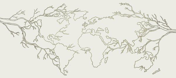 Fototapety Mapa świata, gałęzie drzew, rysunek liniowy, minimalizm, natura, zieleń, Fototapety designerskie, u99731v1 : Uwalls.pl