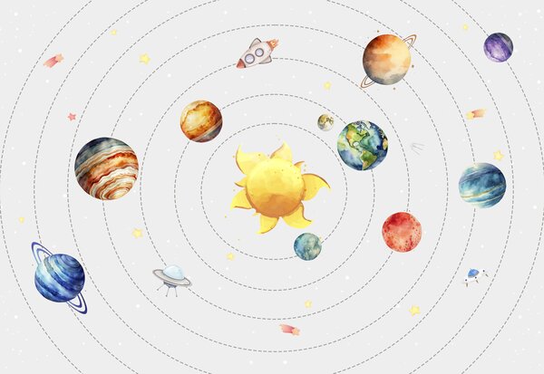 Fototapety Układ słoneczny, planety, słońce, rakieta, ufo, satelita, gwiazdy, białe tło , Fototapety Dziecięce, w00214 : Uwalls.pl