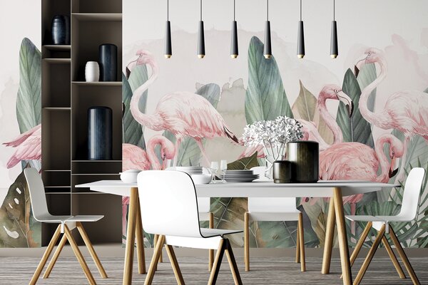 Fototapety Flamingi w tropikalnych liściach, akwarela, róż i oliwka, Fototapety Zwierzęta, Fototapety Flamingi, w00505v1 : Uwalls.pl