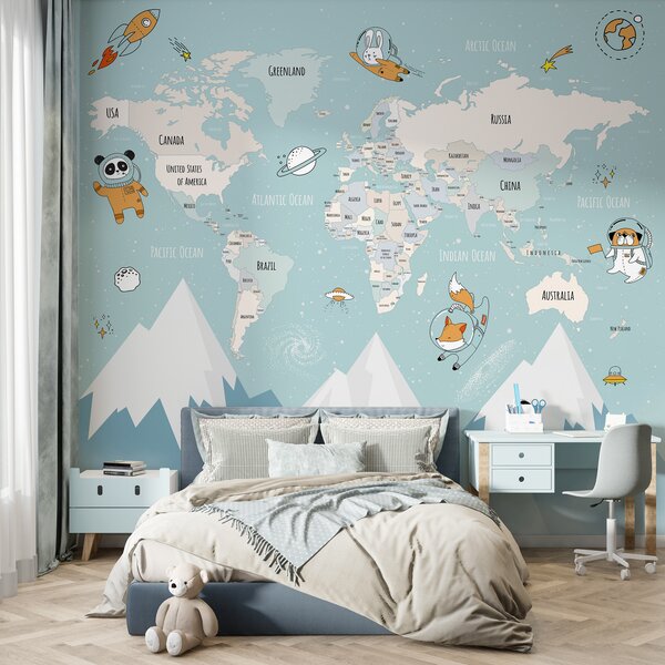 Fototapety Mapa krajów świata z astronautami-zwierzętami, Fototapety Dziecięce, w00066d1 : Uwalls.pl