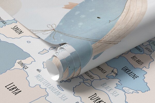 Fototapety Mapa świata z wielorybami i balonami w pastelowych kolorach niebieskim i różowym, Fototapety Mapy, w00680v2 : Uwalls.pl