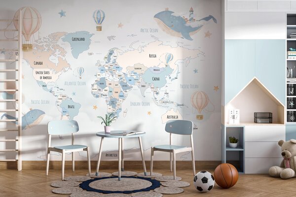 Fototapety Mapa świata z wielorybami i balonami w pastelowych kolorach niebieskim i różowym, Fototapety Mapy, w00680v2 : Uwalls.pl