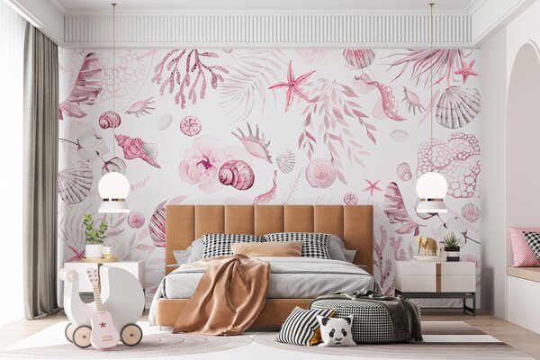 Fototapety Akwarela wzór morski, styl boho, muszle, koralowce, bawełna, różowe kolory, Fototapety Kwiaty, w00851v3 : Uwalls.pl