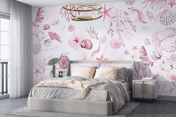 Fototapety Akwarela wzór morski, styl boho, muszle, koralowce, bawełna, różowe kolory, Fototapety Kwiaty, w00851v3 : Uwalls.pl