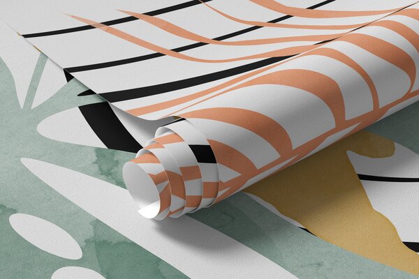 Fototapety Abstrakcja Boho, liść monstery i palmy, zakrzywione linie, plamka, geometryczny, topograficzny,, Nowoczesne Fototapety, w01256 : Uwalls.pl