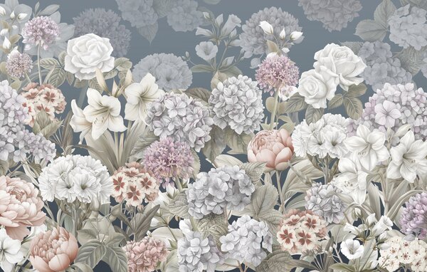 Fototapety Magiczny letni ogród na niebieskim tle, Fototapety Kwiaty, Fototapety Piwonie, w08140v1 : Uwalls.pl