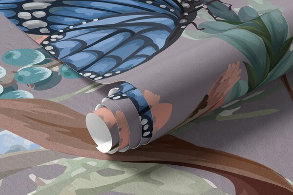 Fototapety Kolorowa, fioletowa ilustracja przedstawiająca bujny ogród kwiatowy z, Fototapety Zwierzęta, Fototapety Motyle, w08234v1 : Uwalls.pl
