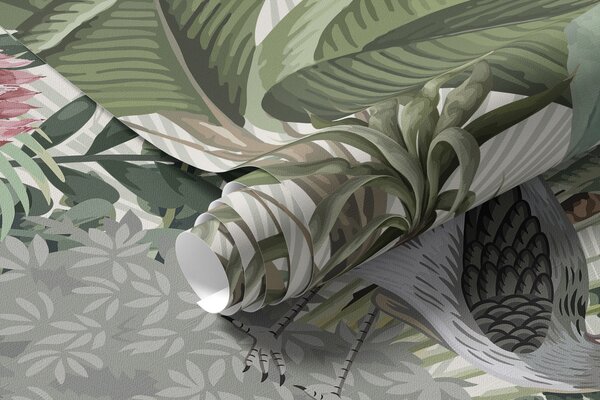 Fototapety Bujna tropikalna dżungla z różnymi palmami, dużymi liśćmi i kolorowymi kwiatami na pierwszym planie, Fototapety Natura, w08239 : Uwalls.pl