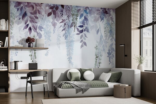 Fototapety Ozdoba z kwiatów glicynii, kwiatowa, akwarela, kolory niebieski i fioletowy, Fototapety Kwiaty, w01545v1 : Uwalls.pl