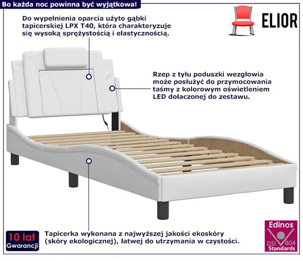 Podświetlane białe łóżko z ekoskóry 90x200 D4-L75
