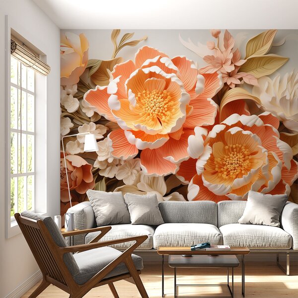 Fototapety Kompozycja kwiatowa 3D w odcieniach brzoskwini z piwoniami i różami w stylu rokoko, Fototapety 3D, Fototapety 3d Kwiaty, w01939 : Uwalls.pl