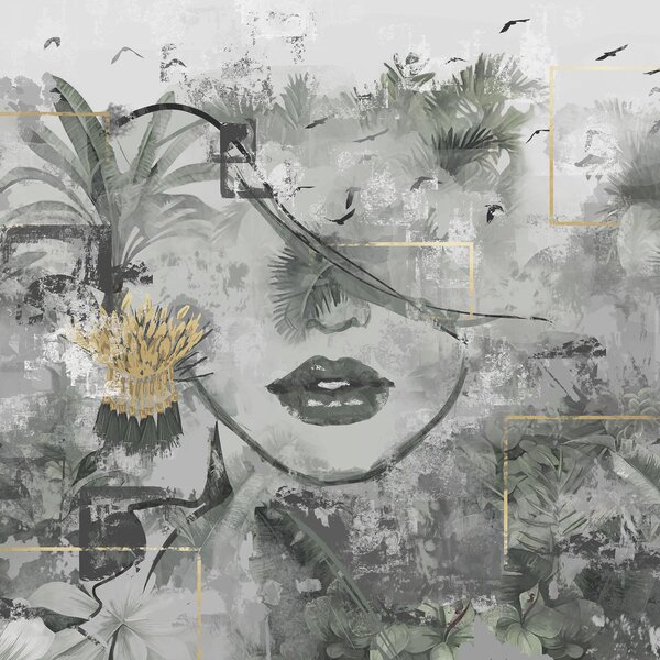 Fototapety Grunge'owy las deszczowy i sylwetka twarzy dziewczynki, Fototapety Natura, w01916d1 : Uwalls.pl