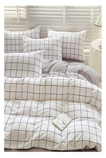 Biało-szara pościel jednoosobowa z bawełny renforcé z prześcieradłem 160x220 cm Checkered – Mila Home