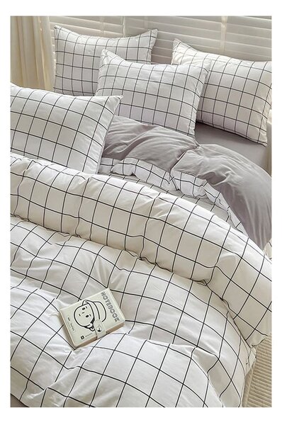Biało-szara pościel jednoosobowa z bawełny renforcé z prześcieradłem 160x220 cm Checkered – Mila Home