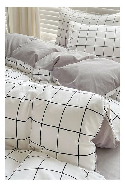 Biało-szara pościel jednoosobowa z bawełny renforcé z prześcieradłem 160x220 cm Checkered – Mila Home
