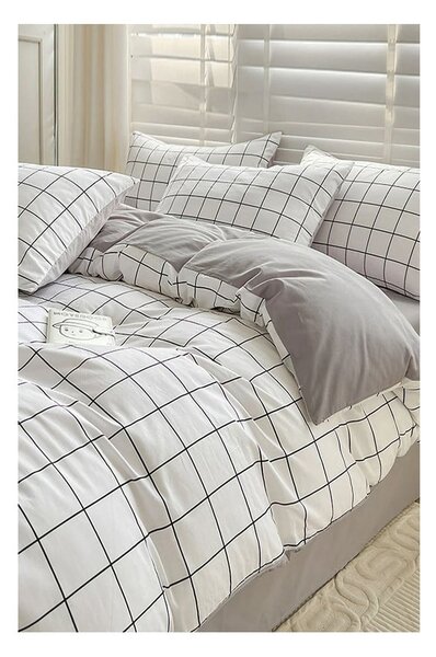 Biało-szara pościel jednoosobowa z bawełny renforcé z prześcieradłem 160x220 cm Checkered – Mila Home