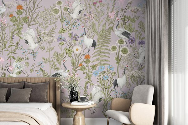 Fototapety Eleganckie żurawie pośród żywych kwiatów, Fototapety Zwierzęta, Fototapety Ptaki, w00380v3 : Uwalls.pl