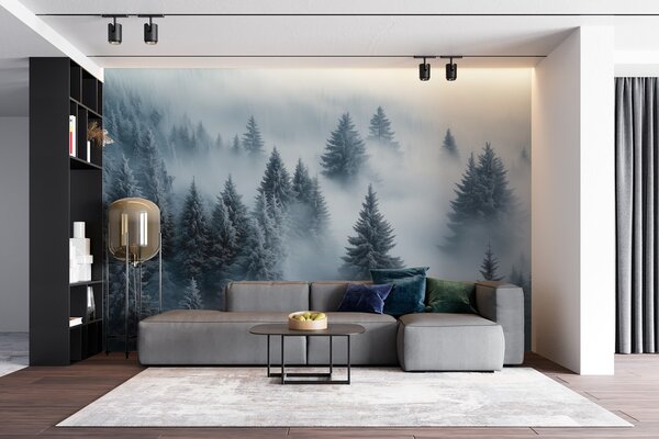 Fototapety Gęsta mgła otulająca śnieżny poranny las w odcieniach błękitu, Fototapety Natura, w02064 : Uwalls.pl