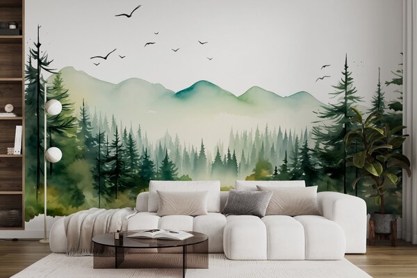 Fototapety Akwarela leśne i górskie krajobrazy, zielona paleta kolorów , Fototapety Natura, w02150 : Uwalls.pl