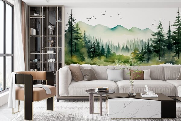 Fototapety Akwarela leśne i górskie krajobrazy, zielona paleta kolorów , Fototapety Natura, w02150 : Uwalls.pl