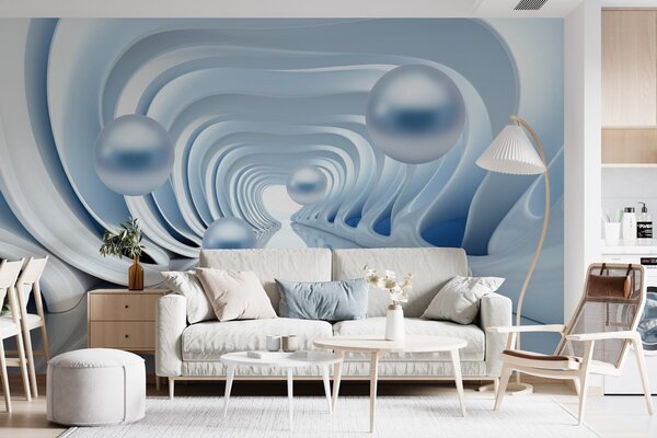 Fototapety Futurystyczna tapeta z panoramą tunelu w perspektywie i latającymi perłami, Fototapety 3D, Fototapety 3d geometryczna, w02134 : Uwalls.pl