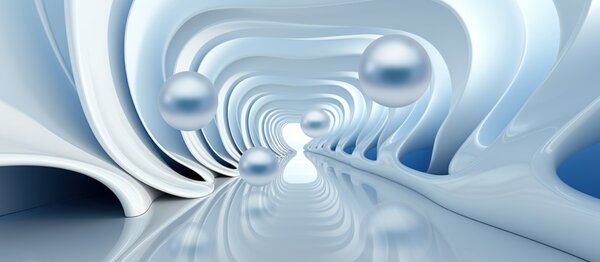 Fototapety Futurystyczna tapeta z panoramą tunelu w perspektywie i latającymi perłami, Fototapety 3D, Fototapety 3d geometryczna, w02134 : Uwalls.pl