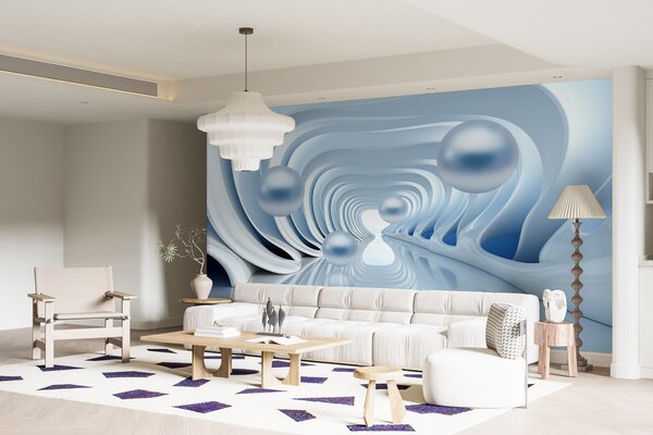 Fototapety Futurystyczna tapeta z panoramą tunelu w perspektywie i latającymi perłami, Fototapety 3D, Fototapety 3d geometryczna, w02134 : Uwalls.pl