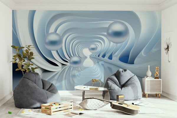 Fototapety Futurystyczna tapeta z panoramą tunelu w perspektywie i latającymi perłami, Fototapety 3D, Fototapety 3d geometryczna, w02134 : Uwalls.pl